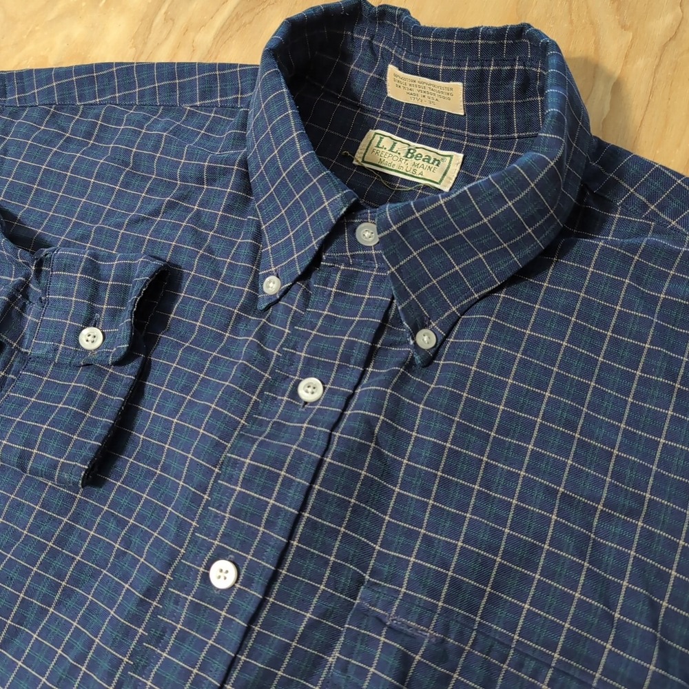 L.L.Bean Vintage Mens 17.5-35 Button Down Shirt Blue Plaid Made In USA Cot Blend